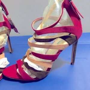Zara pink tan brown multi suede straps peep toe‎ stiletto heels size 41 new